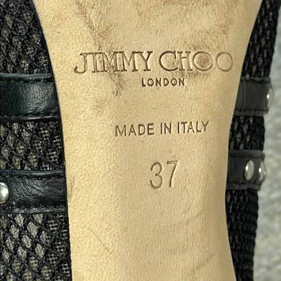 SOLD Jimmy Choo Karina Black Fishnet Studded Calf Leather Cage Heels with Box 37 - Picture 11 of 16
